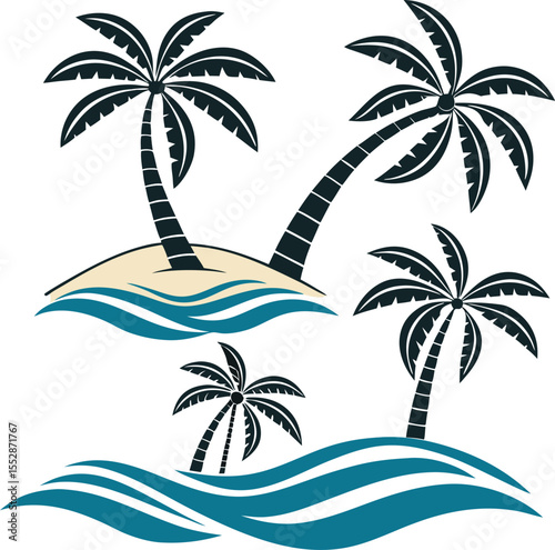 Minimalist Tropical Beach Scene with Palm Trees and Sea Waves in Vector Style