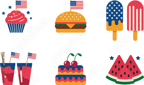 Patriotic sweets and snacks set. Cupcake, burger, popsicle, watermelon, cherry cake, muffins with flags, bright bold colors. 4th of July dessert decoration vector set  
