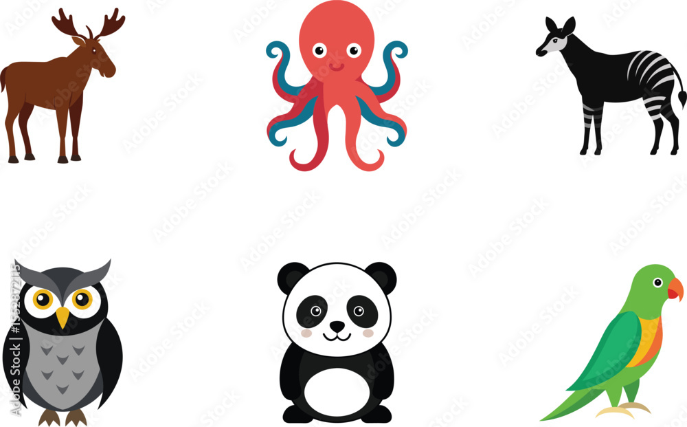 Naklejka premium Collection of six cartoon animals on white background