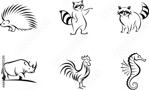 Collection of six stylized black and white animal illustrations