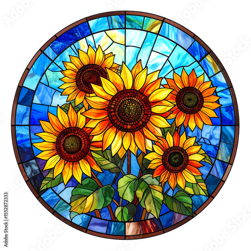 Circular Stained Glass Sunflowers Against Blue Sky