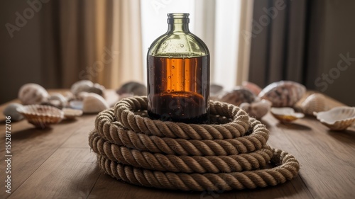 Antique glass bottle on coiled rope with seashells on wooden table