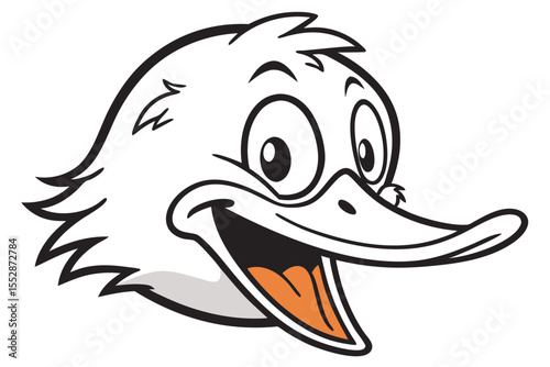 Cartoon duck head displays a joyful grin and bright eyes in a black outline