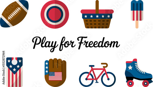 Sports icon set. American football, baseball, glove, skateboard, basket, water bottle, play for freedom, red white blue symbols. Patriotic athletic activity vector design set  