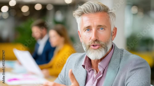 A confident, smiling mature man with gray hair and a beard sits in a modern office environment.