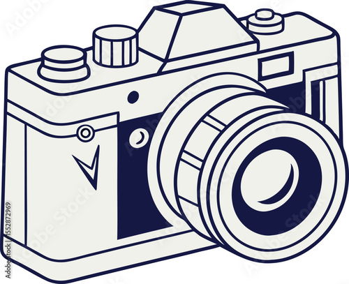 Vintage camera with dark blue outline and light gray fill
