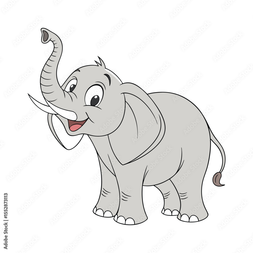 Fototapeta premium Cute cartoon elephant with trunk raised on white background