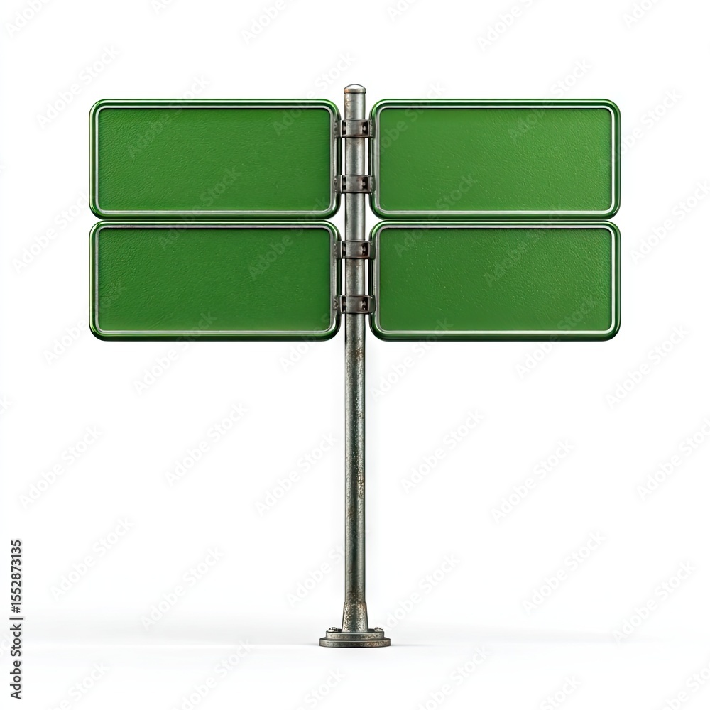 Obraz premium Four blank, rectangular, green road signs on a rusty metal post, isolated on white