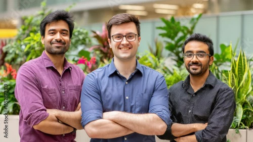 Three young men stand together with arms crossed, smiling confidently in a bright indoor space with lush greenery behind them.