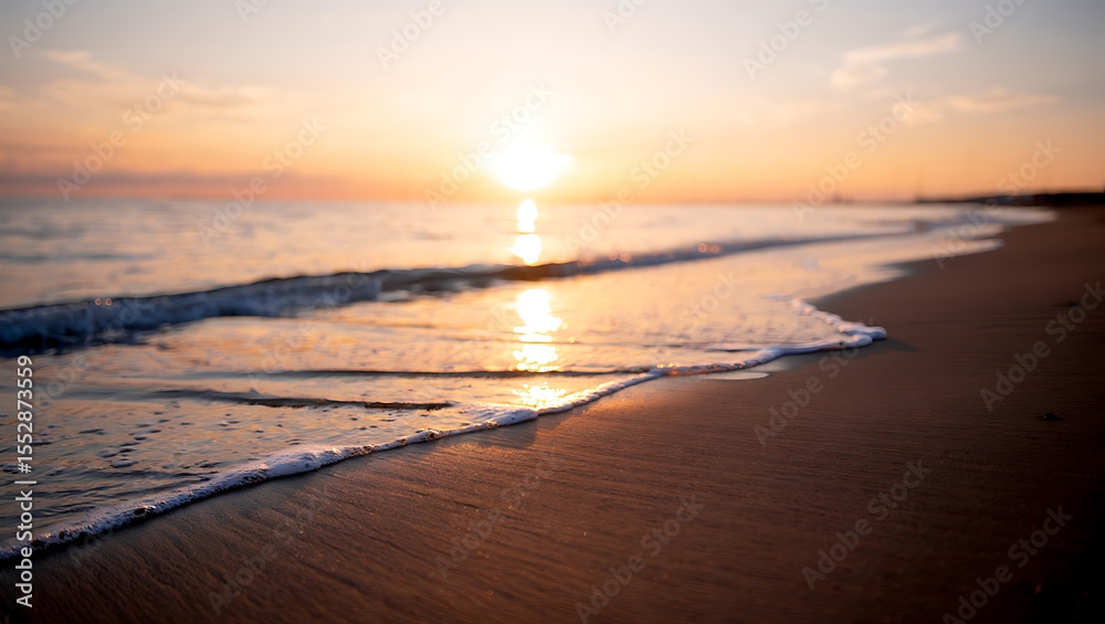 Naklejka premium Golden Shores: A captivating view of the sea at sunset, with the sun's warm glow reflecting on the tranquil waves and the expansive beach.