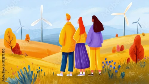 Three people stand on a grassy hill overlooking wind turbines in a colorful autumn landscape.