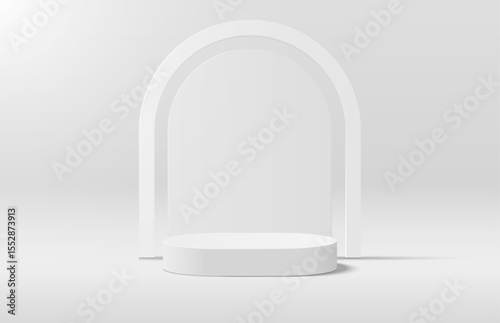 Abstract realistic white 3d round podium and arch shape backdrop. Minimal scene for product display mockup. Vector geometric platform. Vector stage rendering. Stage for product promotion.