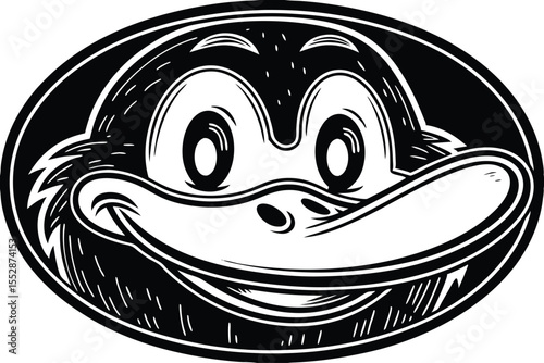 Smiling cartoon duck's head presents itself within a bold black bordered oval shape