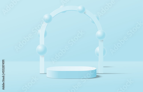 Abstract realistic blue 3d round podium and sphere balls floating with arch shape backdrop. Minimal scene for product display mockup. Vector geometric platform. Vector stage for product promotion.