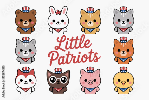 Little patriots character set. USA themed cats, bunnies, bears wearing hats and stars, kawaii red blue white style faces. Cute independence animal bundle set  