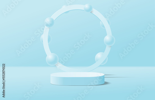 Abstract realistic blue 3d round podium and sphere balls floating with circle shape backdrop. Minimal scene for product display mockup. Vector geometric platform. Vector stage for product promotion.
