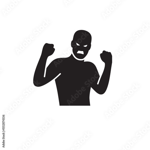 Vector art of silhouette of a menacing robber with a mask and raised fists isolated on white background