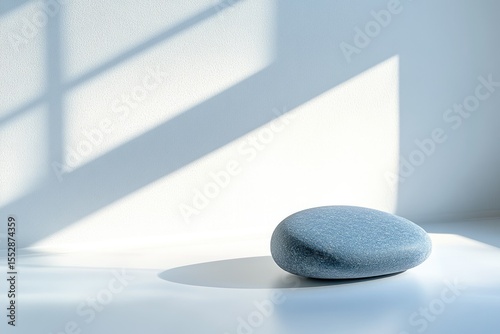 Single grey stone rests on a minimalist white surface, bathed in soft sunlight.