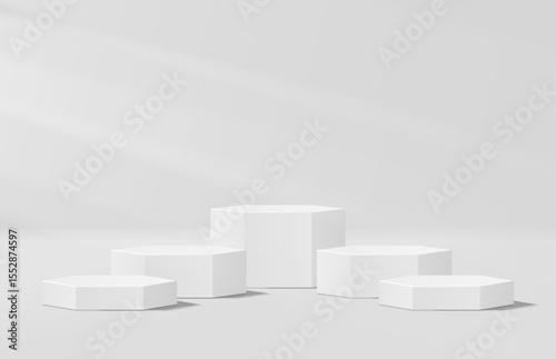 3D white studio room with realistic 3d hexagon podium pedestal. Light shining to stage make product focused. Minimal scene for product display presentation. Vector geometric platform. Promotion stage.