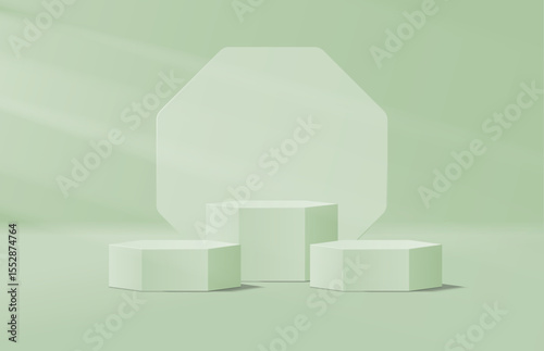 3D green studio room with realistic 3d hexagon podium pedestal and octagon shape backdrop. Light shining to stage make product focused. Minimal scene for product display presentation. Promotion stage.