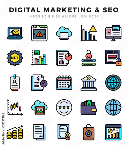 Collection of Digital Marketing & SEO 25 Lineal Color Icons Pack.