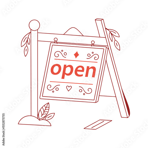 Red line art open signboard with leaves and heart illustration