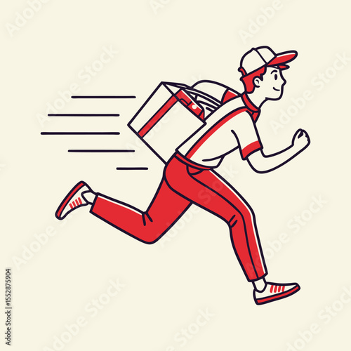 Running delivery person with red and white uniform and backpack