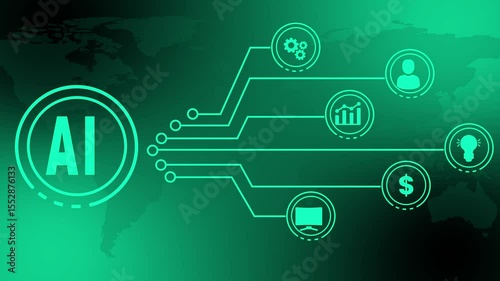 Futuristic ai circuit board concept with world map background in green and black
