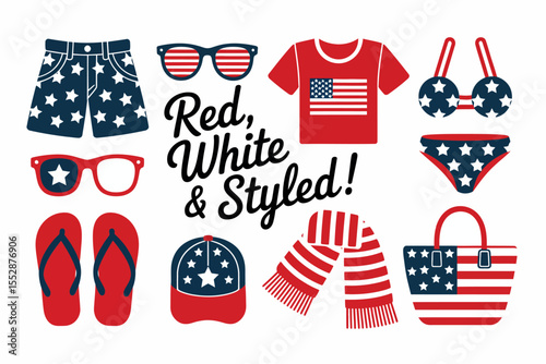 Red white and styled fashion set. Patriotic shirt, shorts, sunglasses, bikini, flip flops, handbag, swimwear, star prints. 4th of July clothing and accessory vector set  