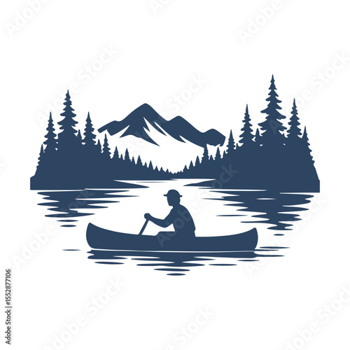 Silhouette of a man canoeing on a lake with pine trees and mountain landscape . outdoor adventure, nature, travel, and wilderness concept.
