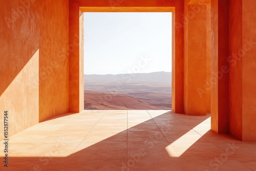 Orange architecture reveals a panoramic desert vista through a minimalist frame, bathed in sunlight.