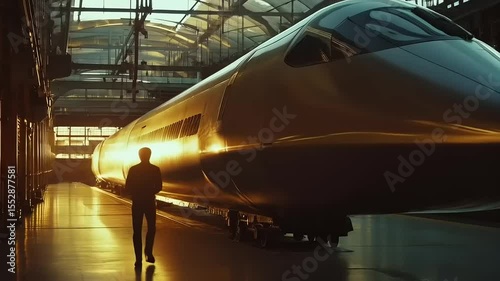 Golden Hour at the Train Depot: A lone figure gazes upon a magnificent high-speed train bathed in the warm glow of the setting sun.