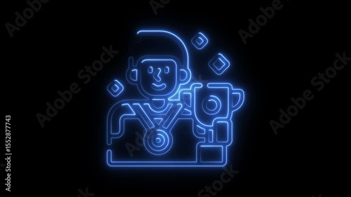 Animated neon icon of winner holding trophy on black background for achievement and success concepts