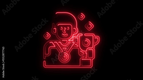 Neon outline athlete holding trophy on black background achievement concept