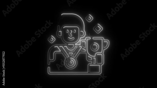 Animated glowing line art depicting a person with a trophy and award on black background