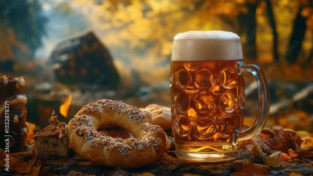 A warm cup of beer accompanied by two crispy pretzels on a wooden table