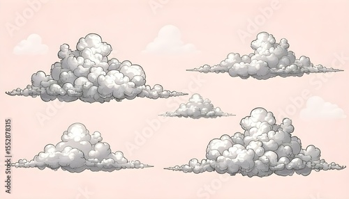 Set of engraved style clouds drawn in vector sketch.