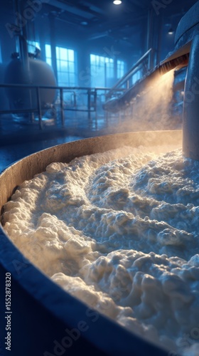 Steam rises from a large vat of bubbling cream in a dairy facility during early morning hours photo