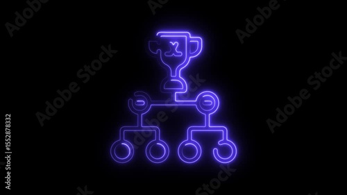 Glowing neon trophy icon with abstract connection on black background