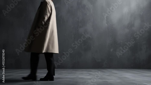 Man in Overcoat Walking Past Textured Gray Wall in Studio Setting