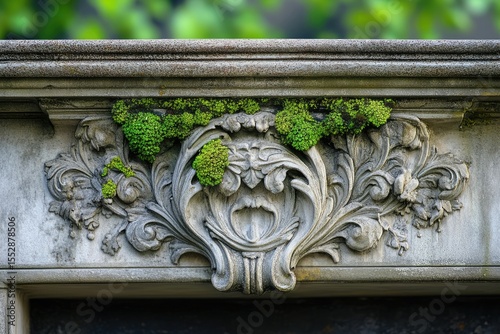 Ornate stone carving with moss growth, detailed floral design, aged stone texture.