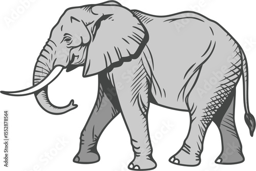 Illustrative blue elephant strides calmly with orange accent against a plain backdrop