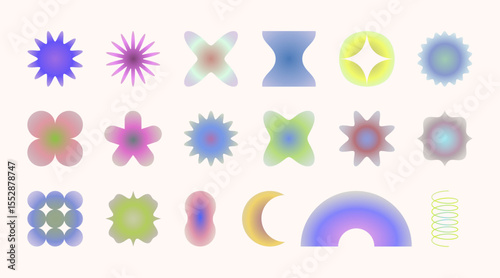 Radial blur gradient groovy and retro geometric shapes. Simple elements, y2k forms. Vector illustration
