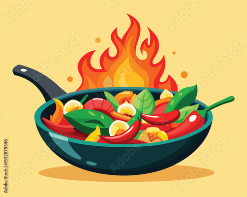 Colorful vegetable and chicken stir fry sizzling on fry pan vector art design 