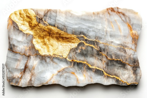 Irregular slab of white marble with striking gold veining, showcasing a luxurious natural texture.