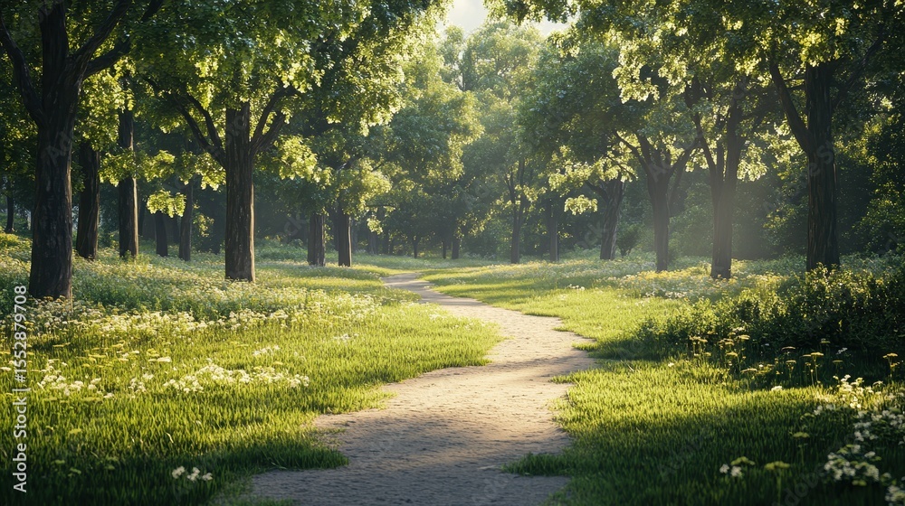 Obraz premium A pathway winds through a lush green park with dappled sunlight filtering through trees. Use it to illustrate nature, peacefulness, or a metaphorical journey.