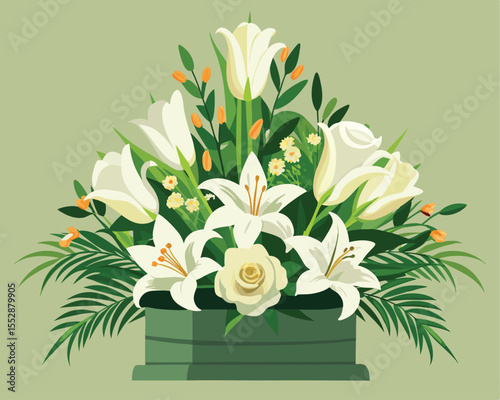 Elegant funeral flower arrangement with white lili and rose vector art design 