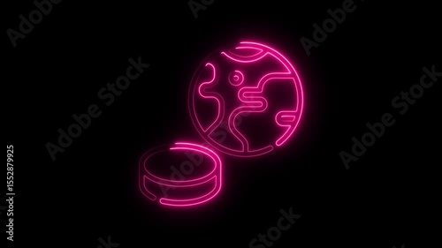 Pink neon illustration of planet and circular shape on black background