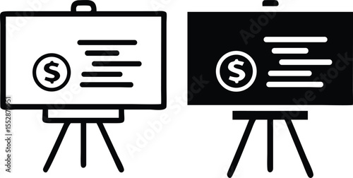 Minimalist Business Presentation Icon – Flat Vector of Board on Easel with Coins and Dollar Sign