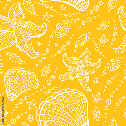 Shell and seastar tribal editable seamless pattern. Cockle-shells and starfish ocean handmade ornament. Maori sea vivid yellow aquatic background.